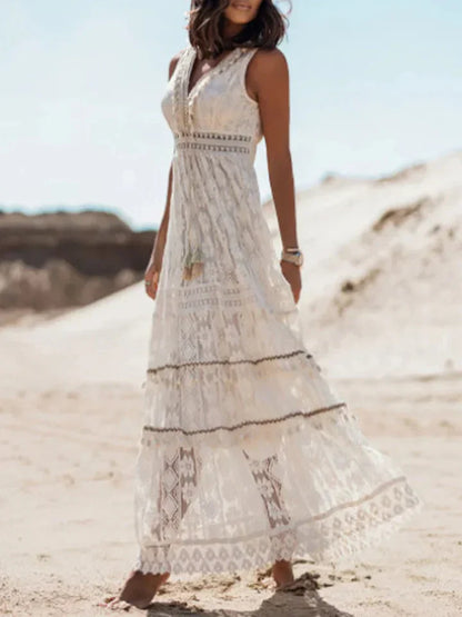 Flowy Long Dress with Lace and Bell Sleeves