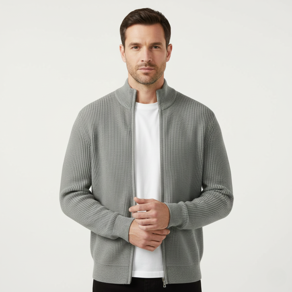 Men's Fashionable Crew Neck Zip Knit Sweater