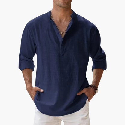 Relaxed Fit Men's Linen Henley Shirt Long Sleeve