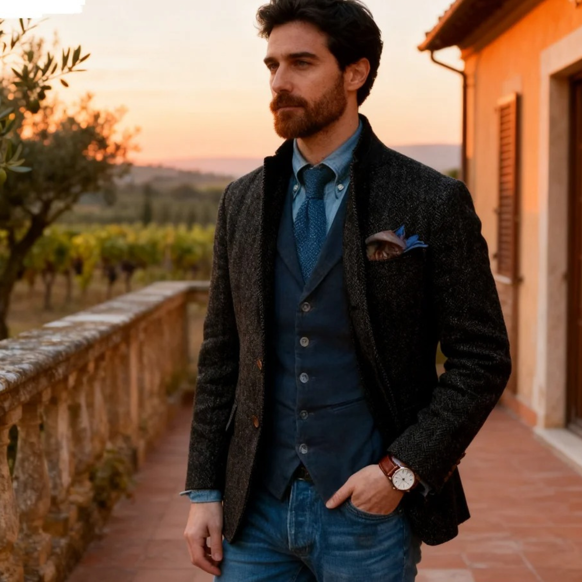 Classic Men's Black Wool Tweed Blazer Jacket