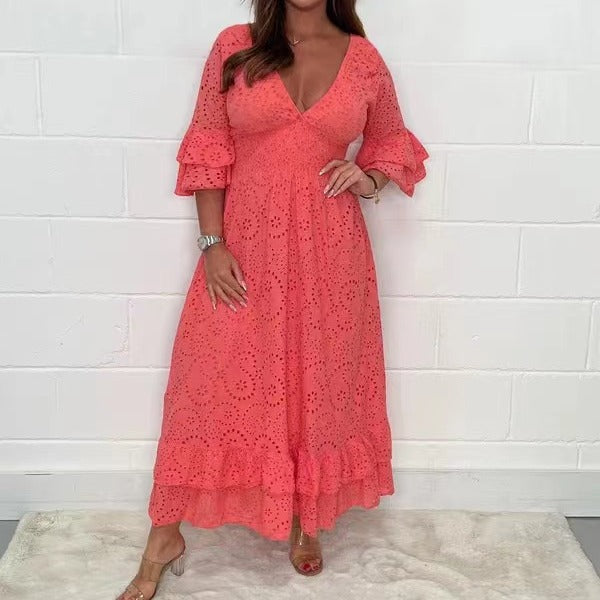 Ladies Embroidered V Neck Midi Dress