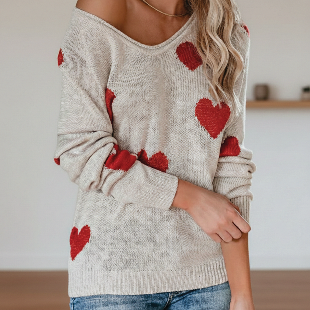 Lovely Heart Print Knitted Sweater - Nocini