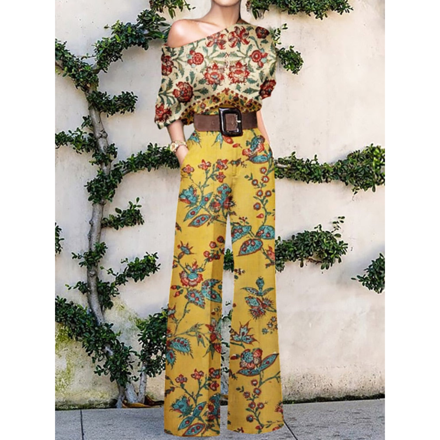 Women's One Shoulder Jumpsuit with Floral Print and Belted Waist