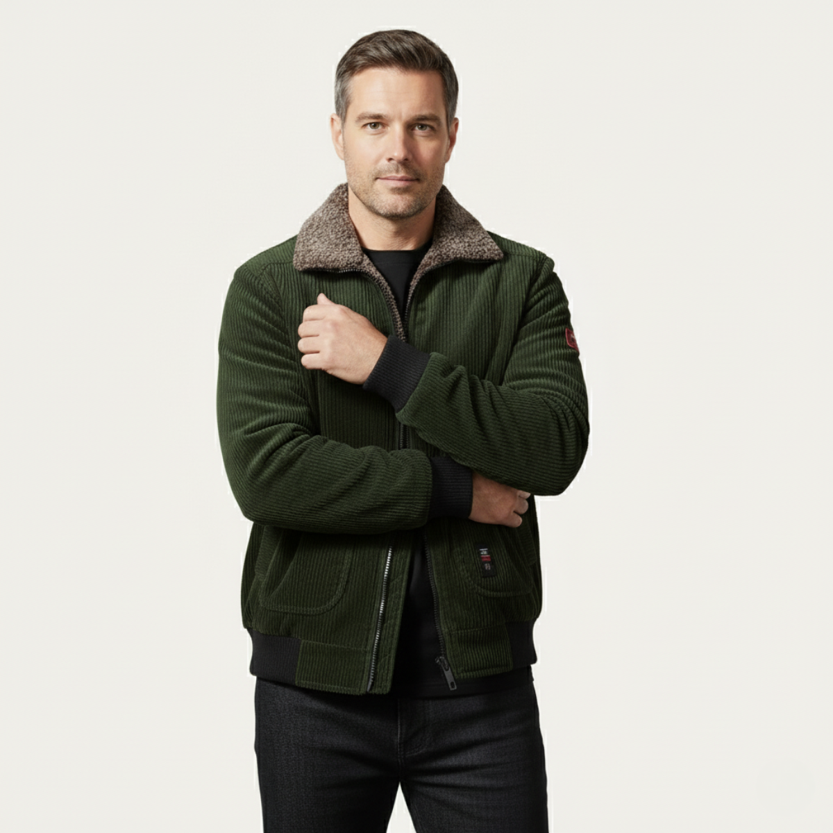 Warm Men's Quilted Fleece Jacket with Fur Trim Coat