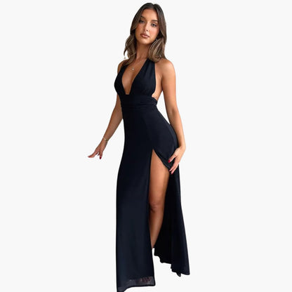 Long Sleeve Slit Dress - Chic Women's Formal Gown Halter Neck
