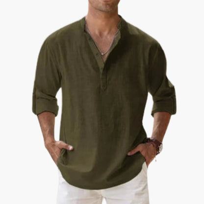 Relaxed Fit Men's Linen Henley Shirt Long Sleeve