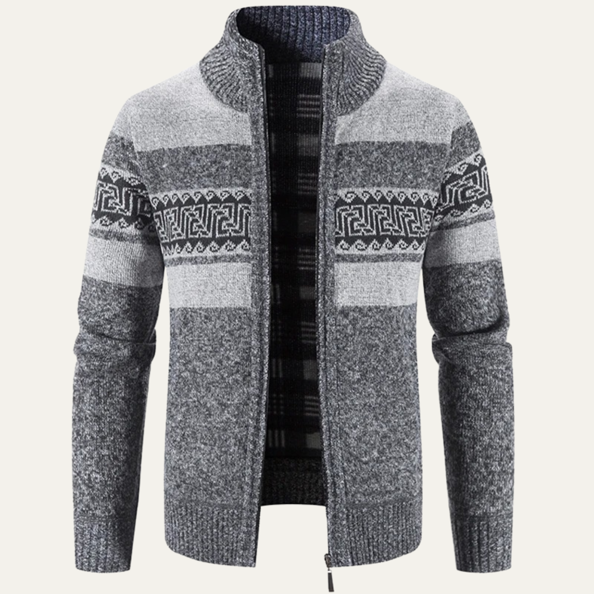 Cozy Mens Plaid Knitted Zip Up Jacket