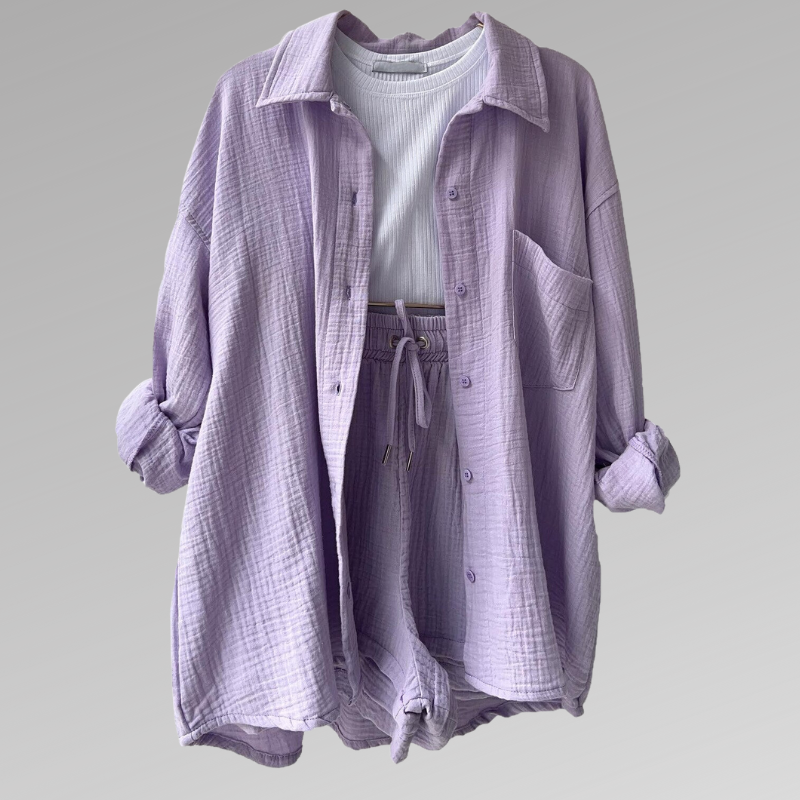Comfortable Cotton Button Front Top and Stretch Shorts Set