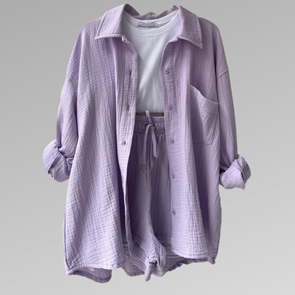 Comfortable Cotton Button Front Top and Stretch Shorts Set