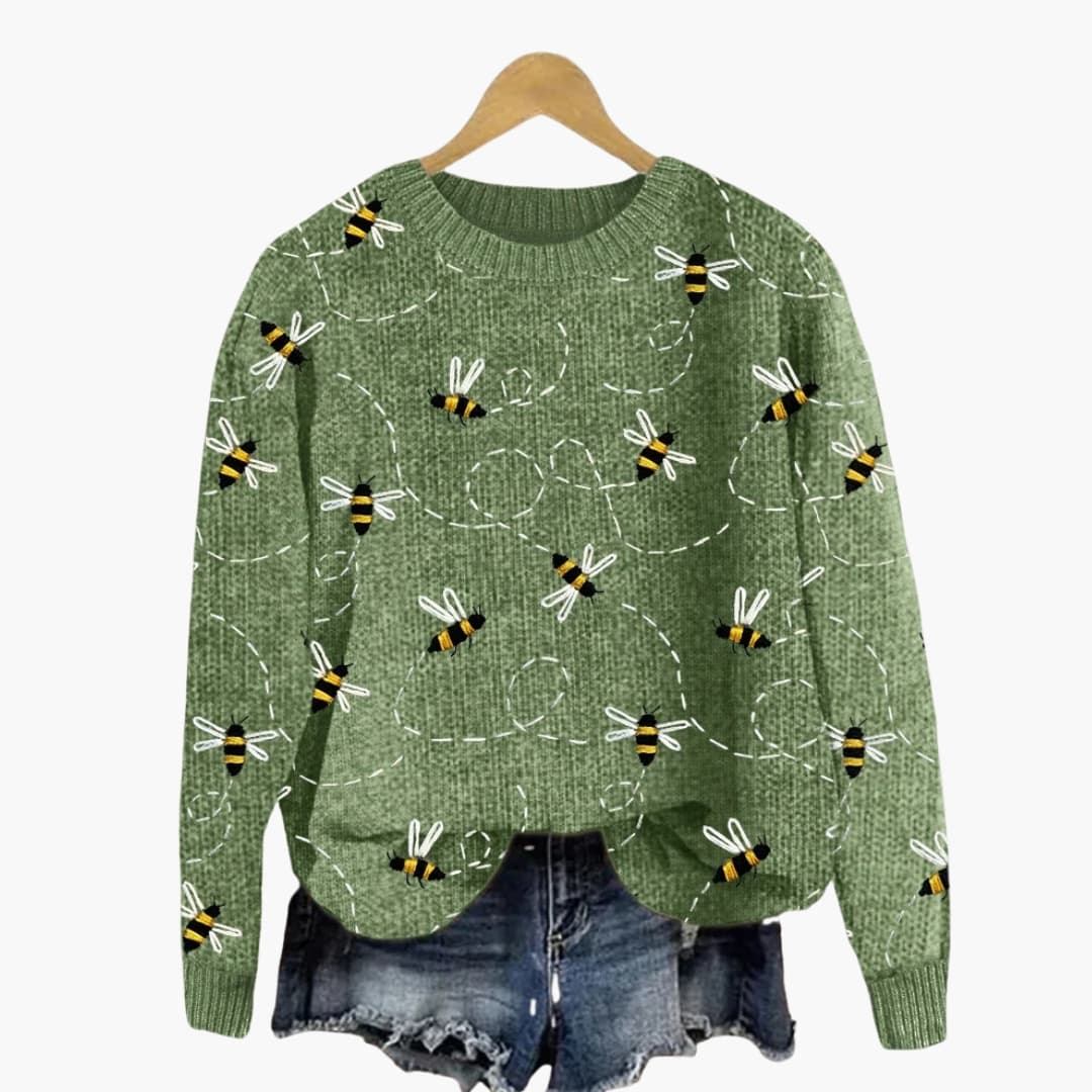 Ladies Cozy Bee Print Long Sleeve Sweater