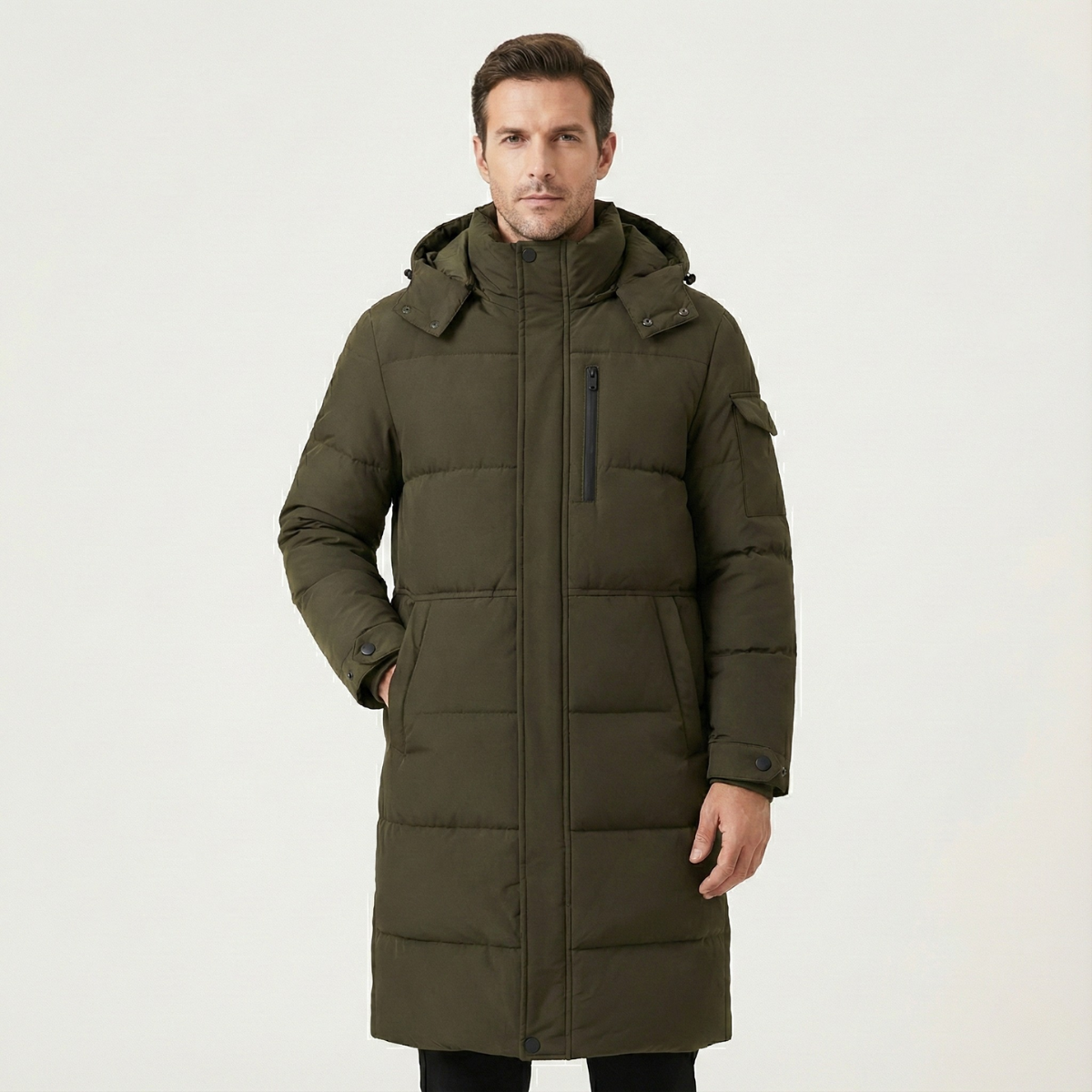 Warm Men's Black Down Parka Coat with Hood