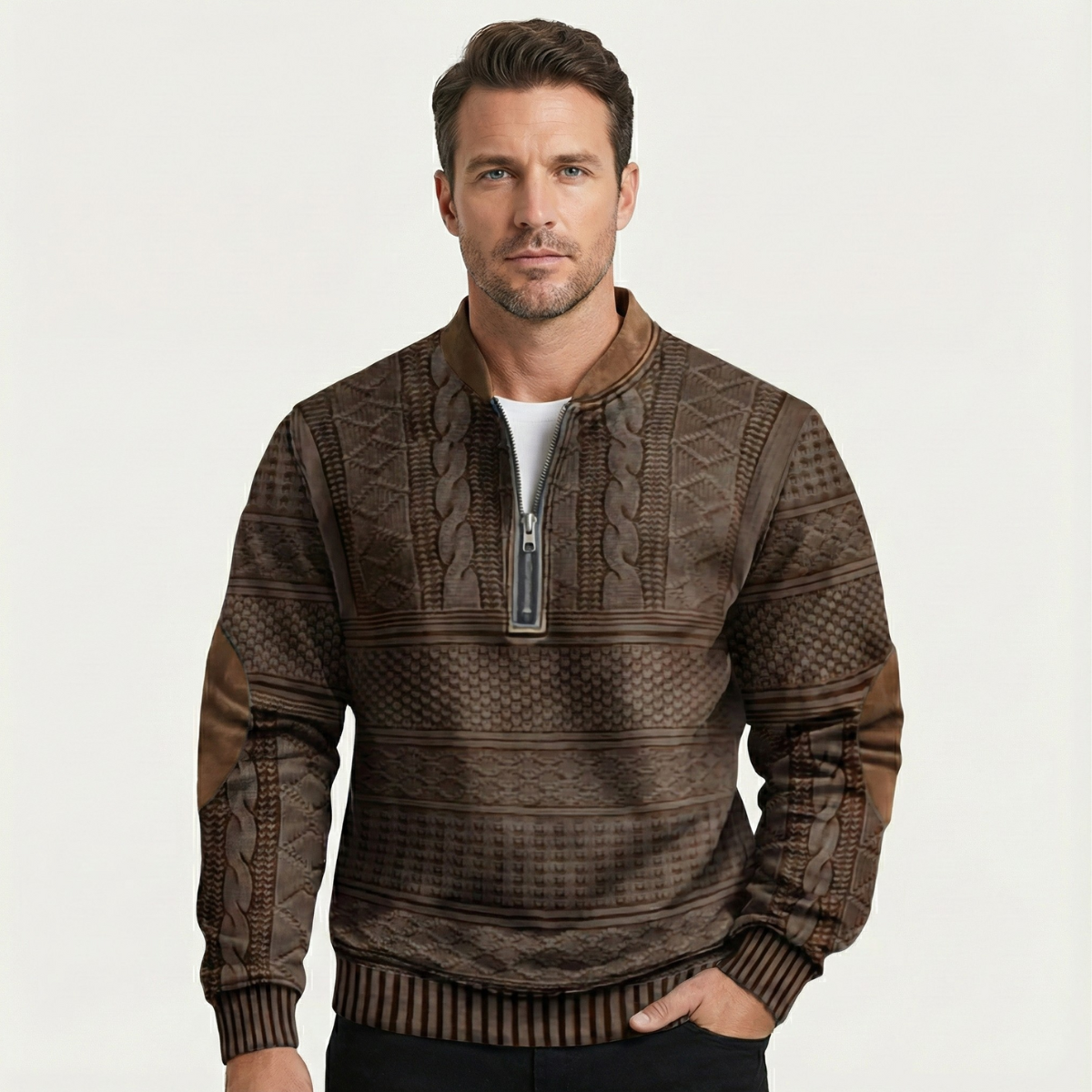 Relaxed Fit Mens Patterned Sweater with Patches