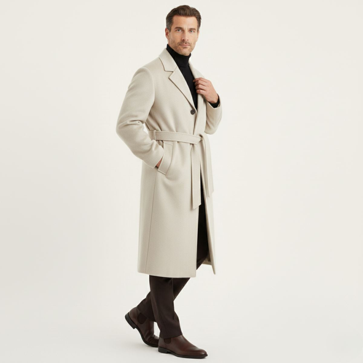 Classic Men's Tan Wool Overcoat with Belt