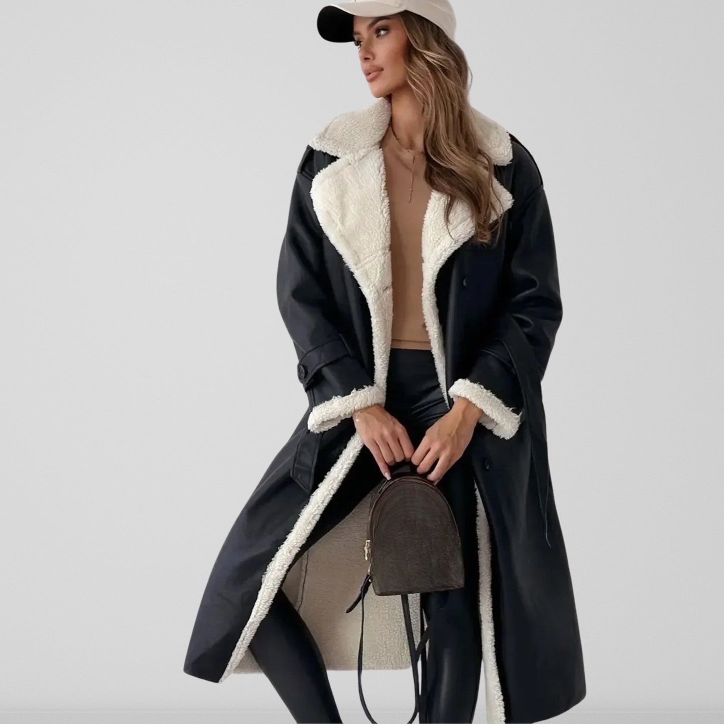 Ladies Faux Leather Double Breasted Trench Coat - Nocini
