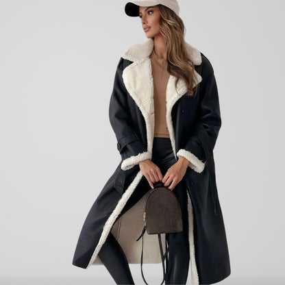 Ladies Faux Leather Double Breasted Trench Coat - Nocini