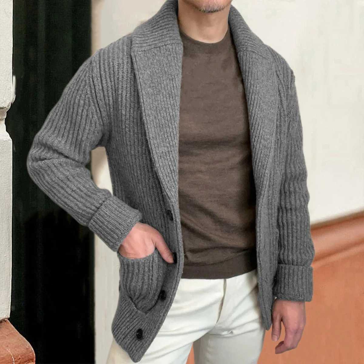 Thick Button Front Knit Crew Neck Men's Cardigan