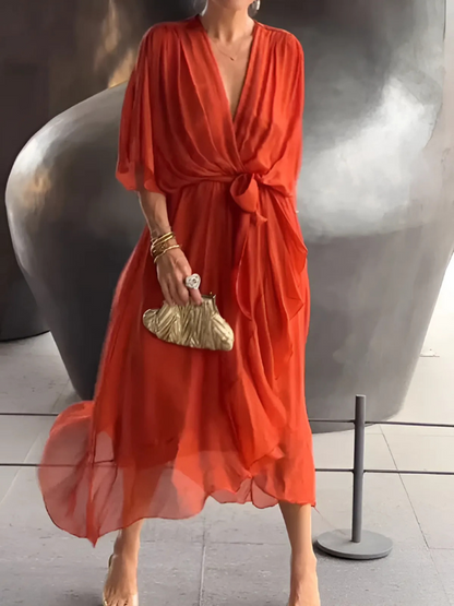 Flattering V-Neck Wrap Dress with Loose Fit Sleeves