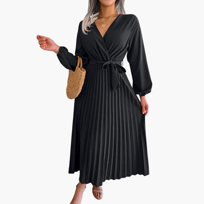 Stylish Women's Long Sleeve Maxi Dress - Flared Pleats