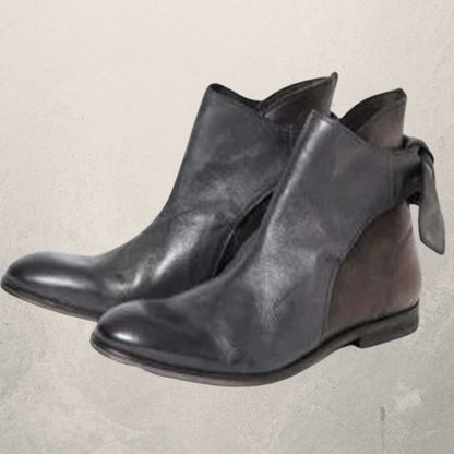 Ladies Leather Ankle Boots with Bow and Low Heel