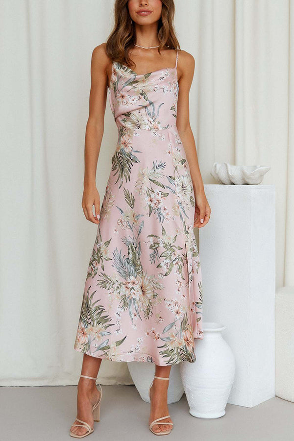 Elegant Floral Midi Dress with Satin Detail