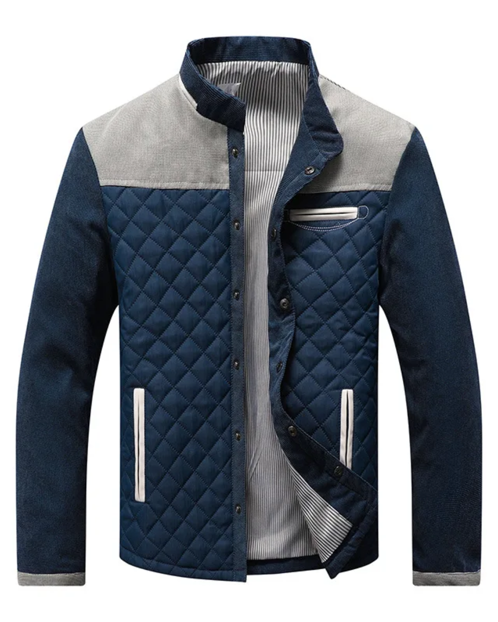 Warm Mens Quilted Snap Jacket with High Collar