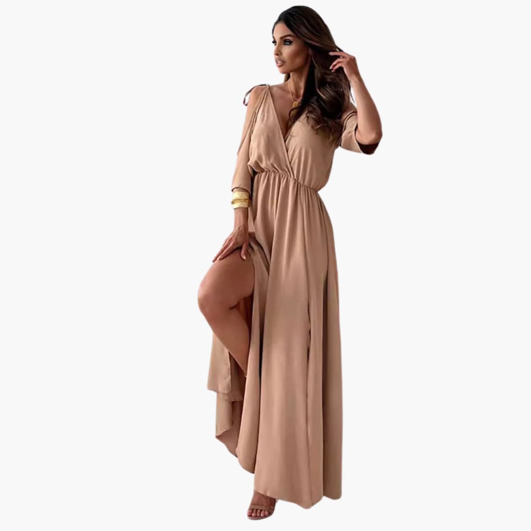 Elegant Long Dress with V Neck and High Slit - Olytrend