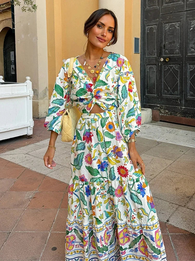 Flowy Floral Long Sleeve V Neck Maxi Dress