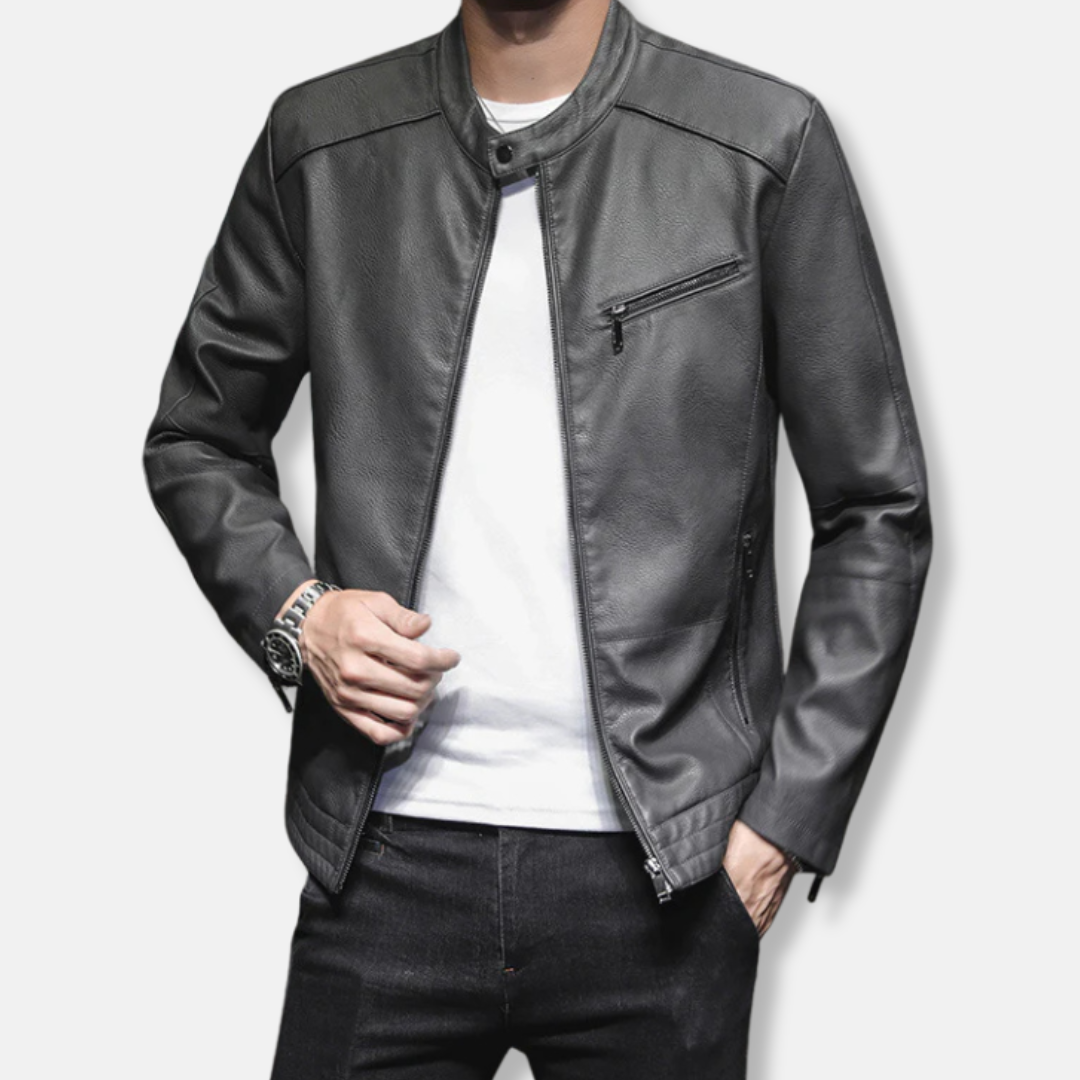 Men's Leather Biker Jacket Slim Fit Zip Pockets