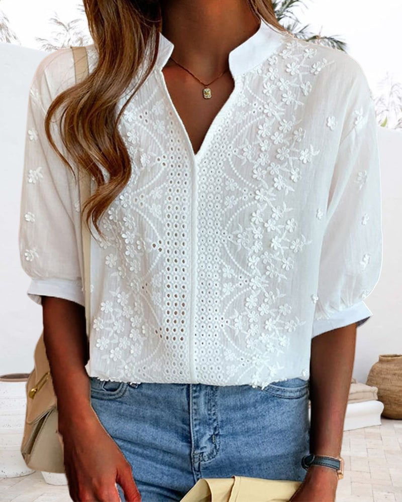 Ladies' V Neck Embroidered Top with Ruffled Short Sleeves