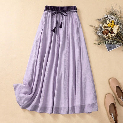 Flowy Long Skirt with Embellished Waist and Fringe Trim
