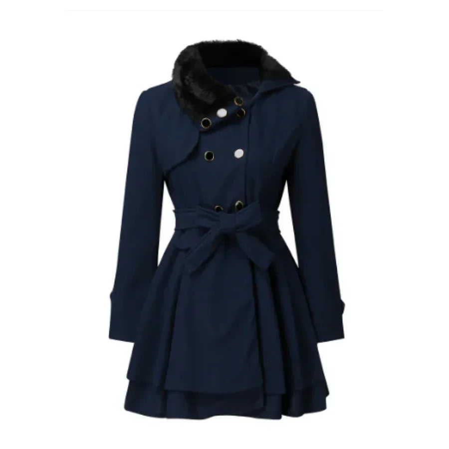 Ladies Faux Fur Trimmed Belted Coat - Nocini