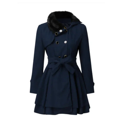 Ladies Faux Fur Trimmed Belted Coat - Nocini
