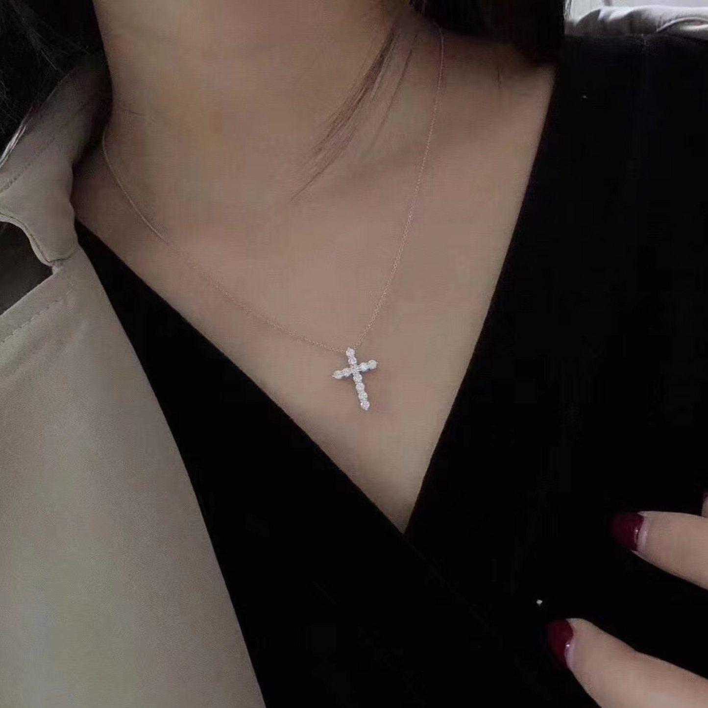 Elegant Silver Cross Necklace, 18K White Gold Finish
