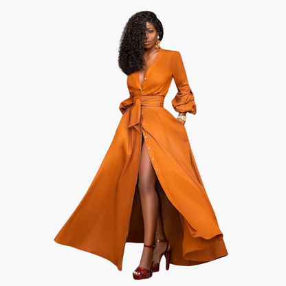 Flowy Long Dress with Wide Belt for Women