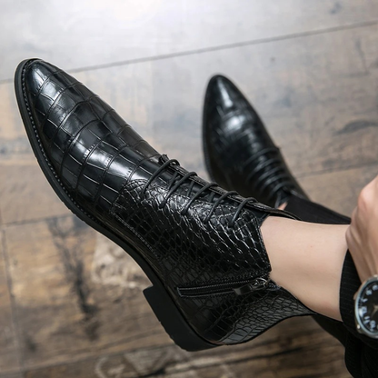 Men's Black Alligator Print Leather Ankle Boots