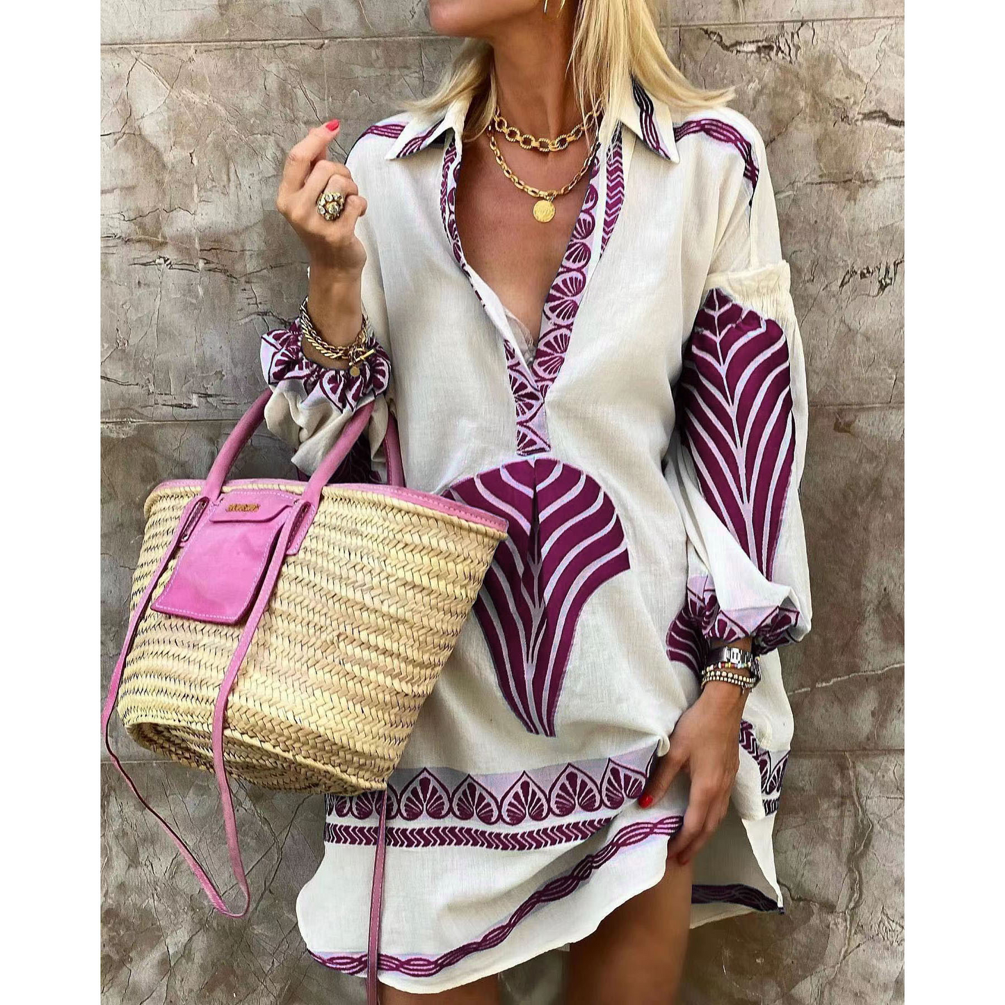 Comfy V-Neck Mini Dress with Flowy Sleeves