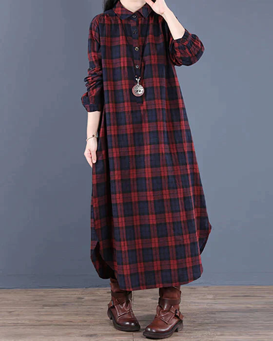 Ladies Classic Plaid Long Dress Shirt