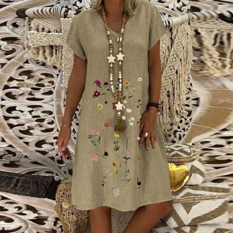 Relaxed Fit Ladies Linen Dress with Embroidery - Nocini