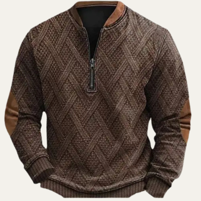 Warm Mens Cable Knit Half Zip Sweater with Patches