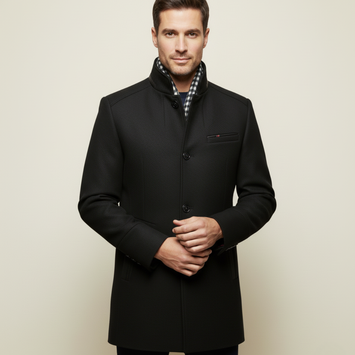 Classic Men's Wool Overcoat with Stand Up Collar