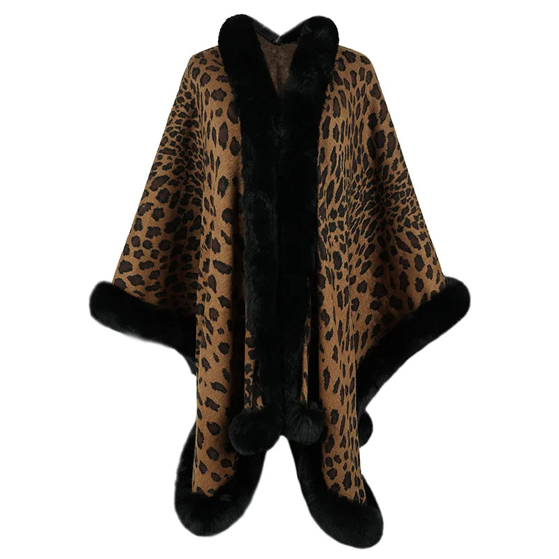 Luxurious Leopard Fur Trimmed Cape Coat