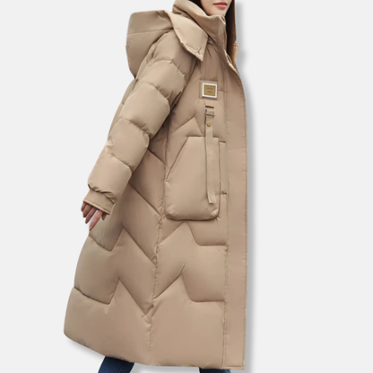 Ladies Long Parka Coat with Hood and High Neck