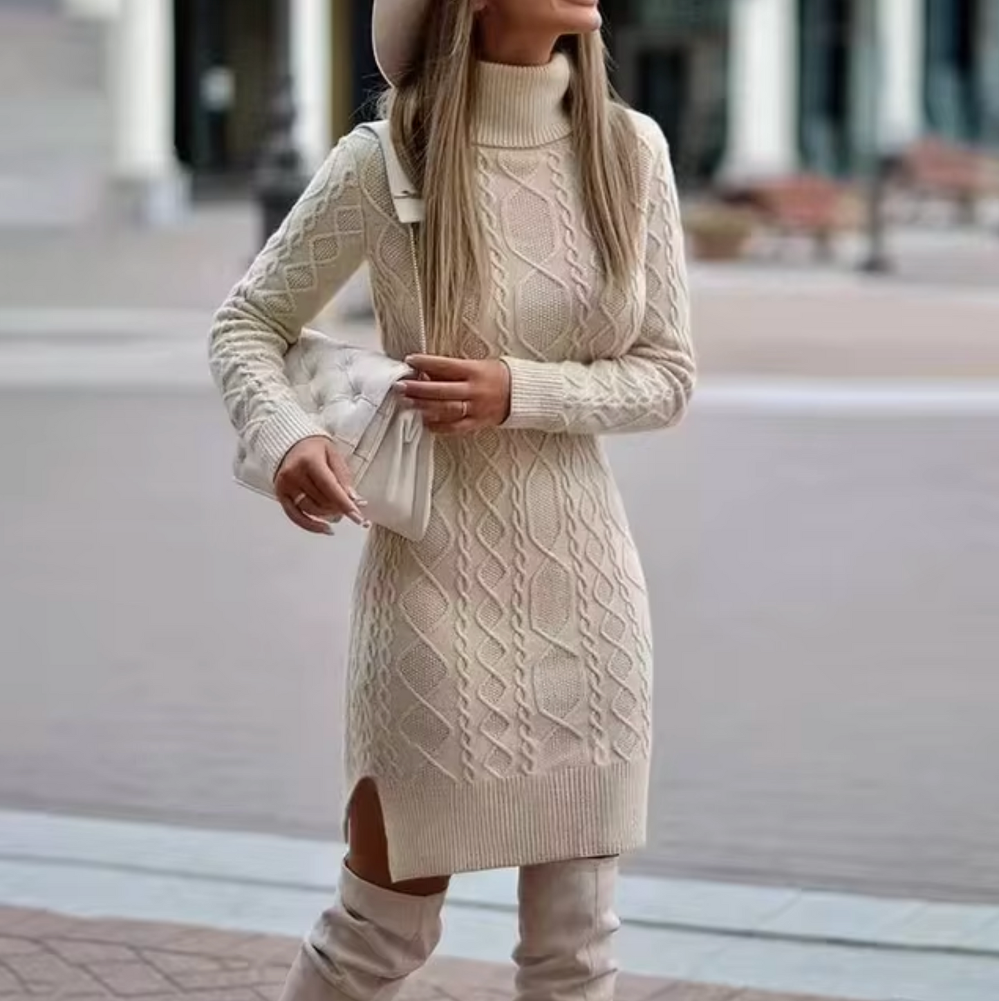 Cozy Roll Neck Cable Knit Dress