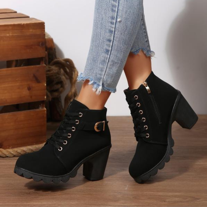 Fashionable Buckle Detail Block Heel Boots - Olytrend