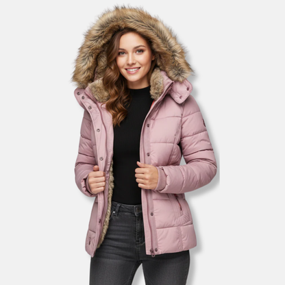 Warm Quilted Down Jacket with Fur Hood