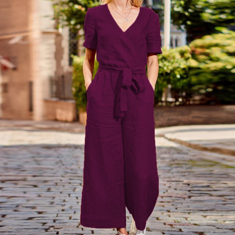 Women's V-Neck Short Sleeve Jumpsuit with Tie Waist