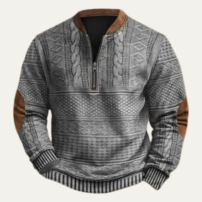 Men's Fashionable Textured Zip Sweater with Patch Details