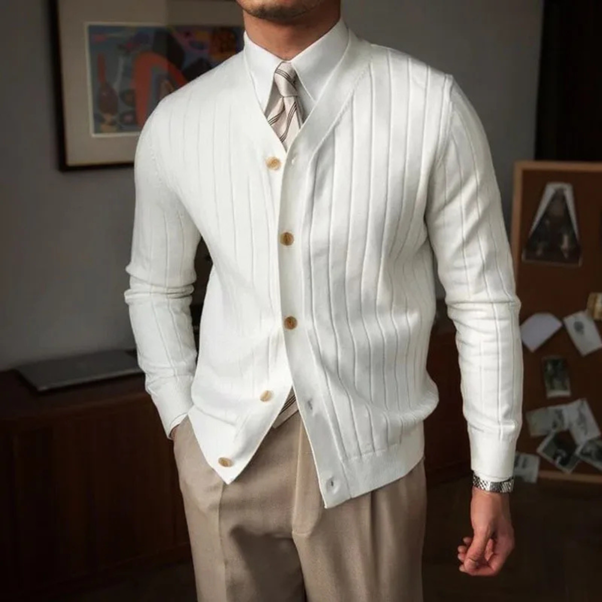 Relaxed Fit Men's Crew Neck Knit Cardigan Sweater