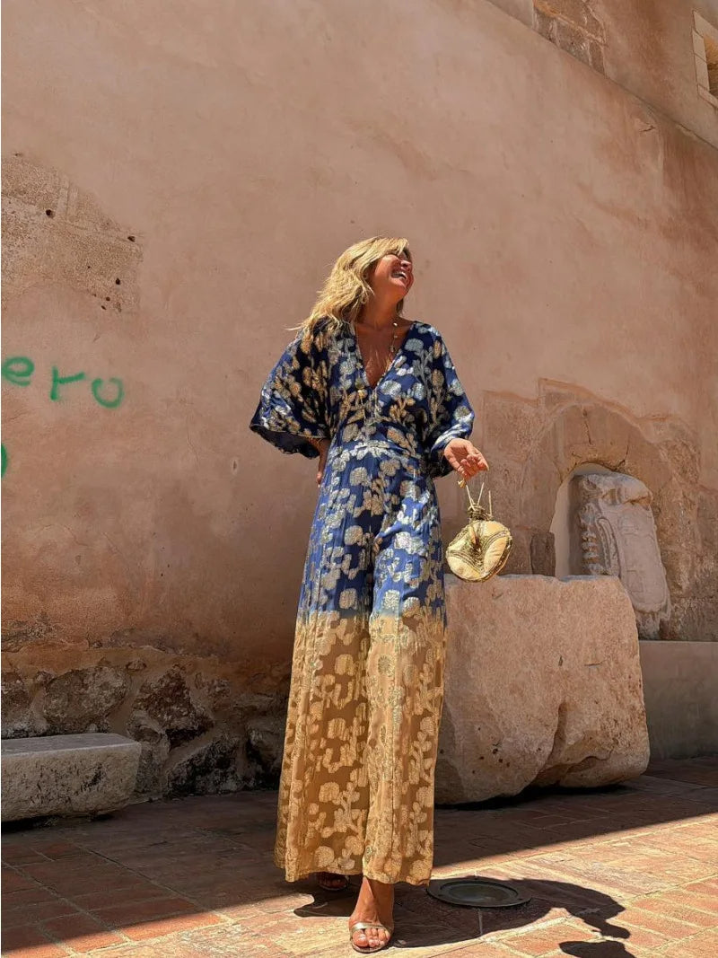 Sleeveless Deep V Jumpsuit for Ladies with Ombre Print - Olytrend