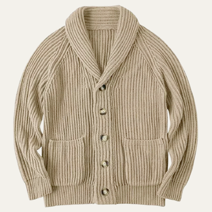 Classic Men's Khaki Crew Neck Cardigan Sweater - Nocini